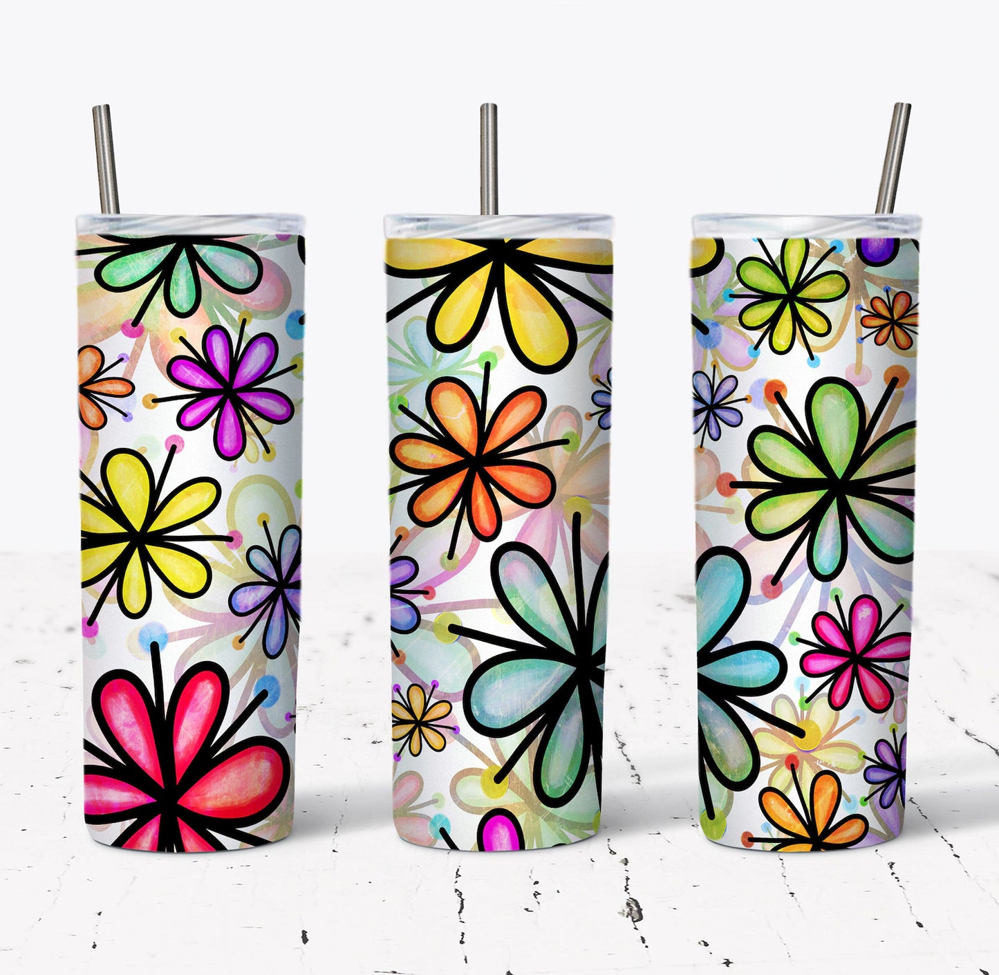 RAINBOW DOODLE DAISY 20oz SKINNY TUMBLER